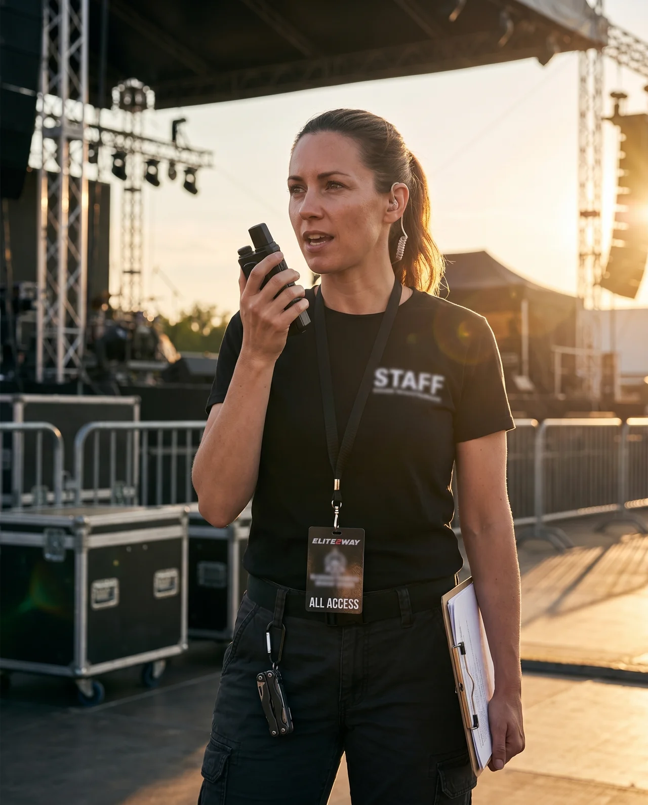 Operator using Elite2Way cellular push-to-talk radio in a event management environment